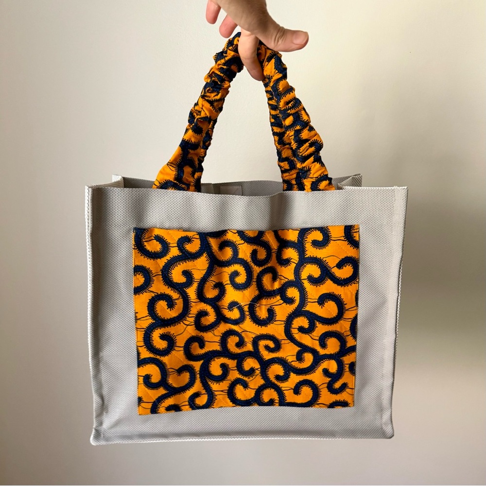 African Print Ankara Water-resistant Tote Bag Beach Bag Grey and Orange, Large